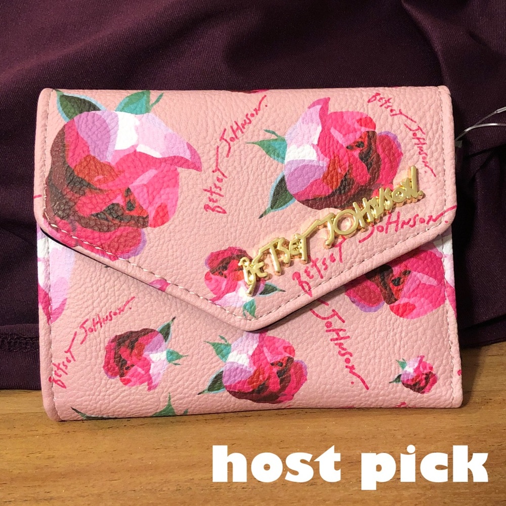 💋 Luv Betsey | Lana Flap Peachy Vegan Leather Wallet Pink Multi Rose 🌹 Pattern